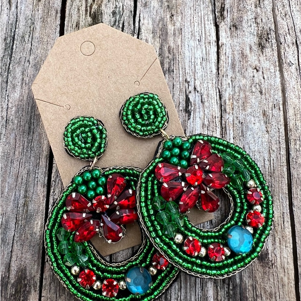 Green and Red Beaded Earrings